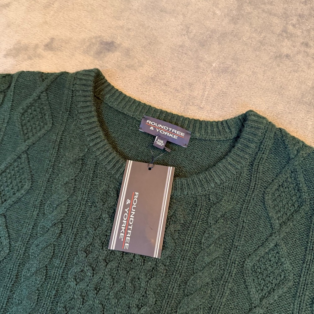 Roundtree & Yorke Cable Knit Sweater Mens XXL Green Wool Blend Pullover NWT